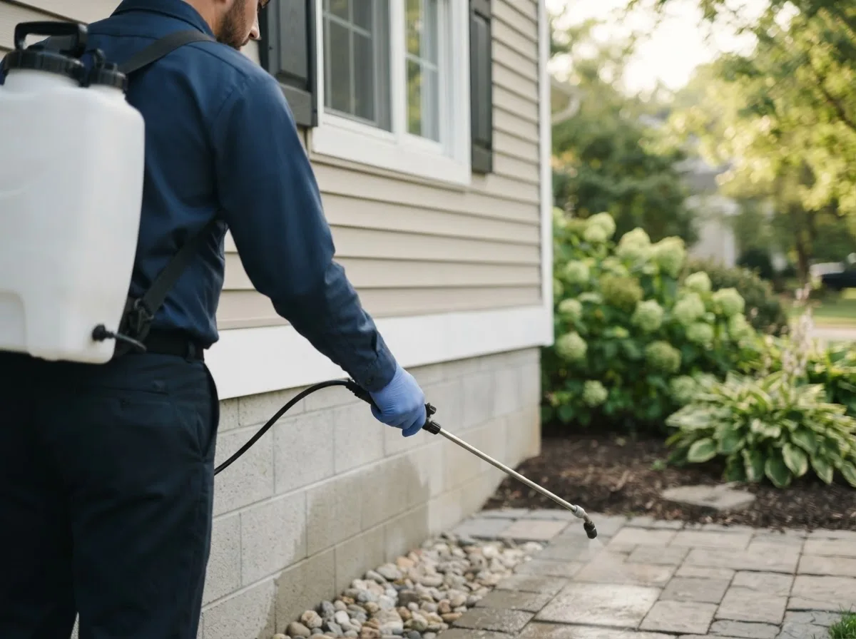 Pest control technician inspecting a home in Buncombe, IL